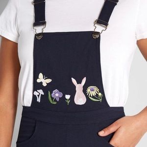 ModCloth x Collectif Enchanted Meadows Embroidered Overalls Navy